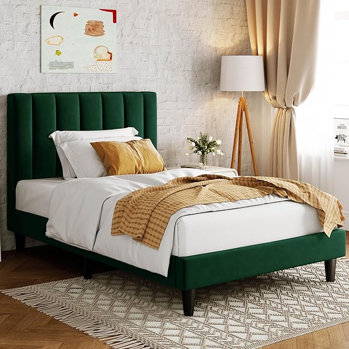 Allewie Twin Bed Frame/Velvet Upholstered Bed Frame with Vertical Channel Tufted Headboard/Strong Wooden Slats/Platform Bed Frame/Mattress Foundation/Box Spring Optional/Easy Assembly/Green