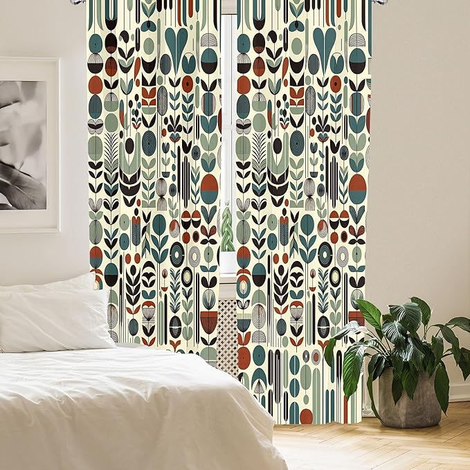 Ambesonne Leafy Art Curtains, Scandinavian Leaves Pattern with Geometric Roundy Modern Boho Print, Window Treatments 2 Panel Set for Living Room Bedroom, Pair of - 28" x 63", Pale Green Redwood Teal