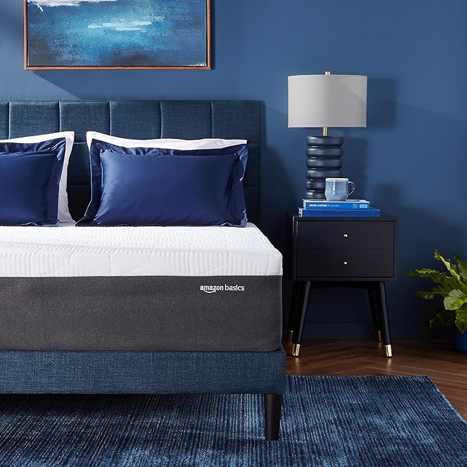Amazon Basics Gel Memory Foam Mattress, Firm, Cooling, Queen Size Mattress, CertiPUR-US® Certified Foam, 80 x 60 x 12 inches, White/Dark Gray