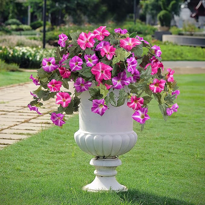 Artificial Fake Flowers Plants for Outdoor Decoration, 2PCS Faux Petunias Silk Flower UV Resistant No Fade Floral for Home Outside Garden Balcony Yard Porch Realistic Indoor Decor (Red Lotus)