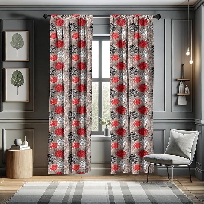 Ambesonne Floral Curtains, Blossoming Peonies Vintage Botanical Composition Abstract Petals and Buds, Window Treatments 2 Panel Set for Living Room Bedroom, Pair of - 28" x 84", Red Grey