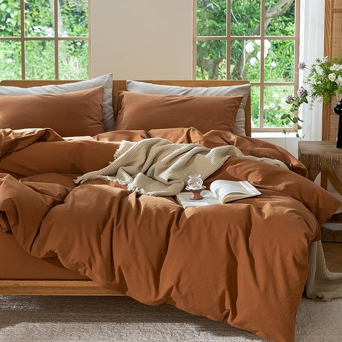 MooMee Bedding Duvet Cover Set 100% Washed Cotton Linen Like Textured Breathable Durable Soft Comfy (Solid Dark Orange, Palatial King/Oversized King 120"x98")