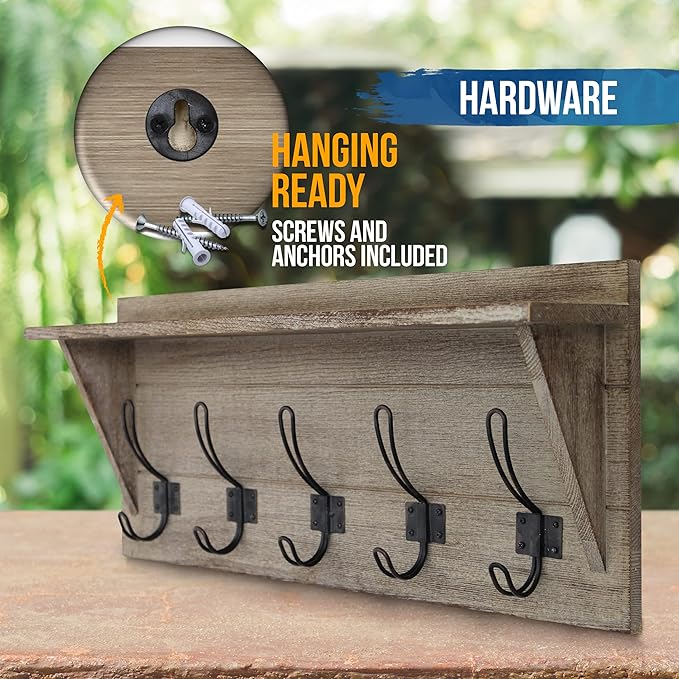 HBCY Creations Rustic Wall Mounted Coat Rack with Shelf - Solid Wood 24" Entryway Shelf with 5 Coat Hangers. Perfect Touch for Your Entryway, Mudroom, Kitchen, Bathroom and More, Weathered Brown