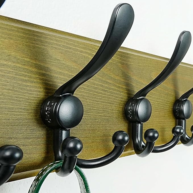Dseap Coat Rack Wall Mount - Heavy-Duty Robust Barnwood-Style Wooden Wall Coat Hanger Hook Rail with 5 Triple Hooks for Winter Coats Hat Jacket Clothing, Weathered Green & Black, Pack of 2