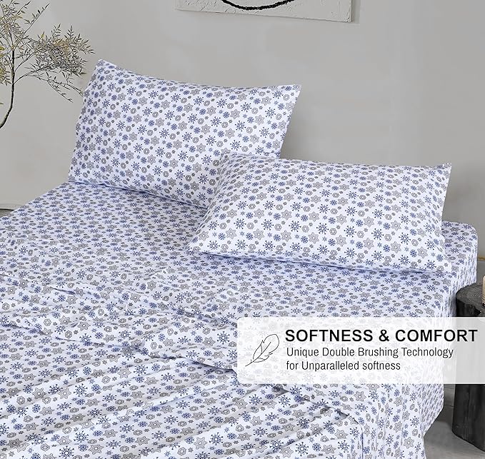 RUVANTI Flannel Sheets Queen Size - 100% Cotton Double Brushed Bed Sheets, Deep Pockets 16 Inches Queen Sheet Set, All Seasons Breathable & Extra Soft - Warm & Cozy, 4 Piece, Snow Flake Grey
