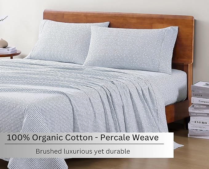 LANE LINEN Eco Friendly 100% Organic Cotton Queen Bed Sheets Set, Printed Modern Polka Dot Cotton Sheets, Soft & Comfy Low Pill Fade Resistance Fully Elasticized Queen Size Bed Set 15" deep Pockets