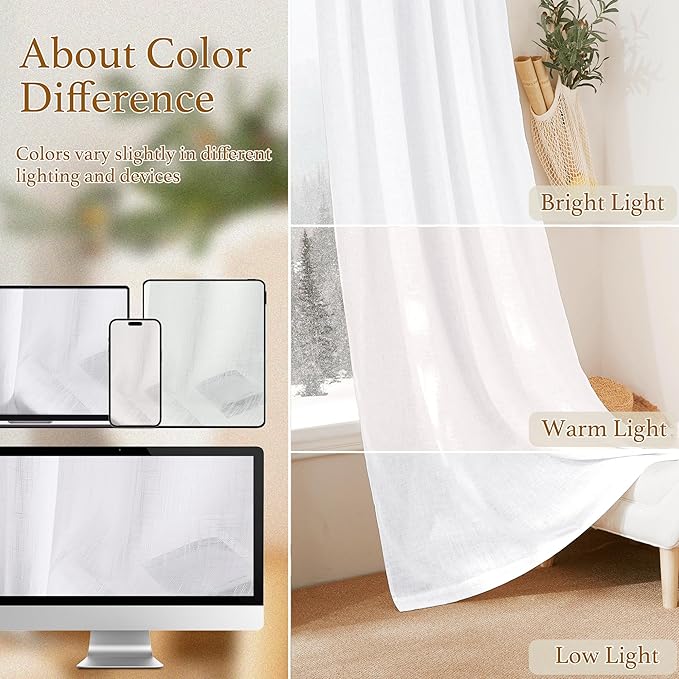 RYB HOME Solid Semi Sheer Curtains Rod Pocket Living Room/Bedroom, Linen Sheer Light Filtering Curtains 72 inches Long, White, W 52 x L 72 inch Length, 1 Pair