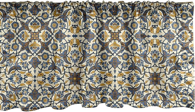 Ambesonne Turkish Pattern Window Valance Pack of 2, Flowers in and Traditional Style, Rod Pocket Curtain Valances for Kitchen Bedroom, 42" X 18", Earth Yellow Slate Blue
