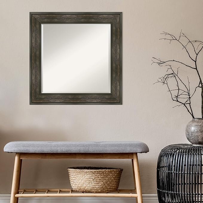 Amanti Art Brown Bathroom Mirror for Over Sink, 26x26 Rail Rustic Char Square Vanity Mirror, Medium Country Rustic Frame, Hangs Horizonally and Vertically, Bathroom Wall Decor, Beveled Edge