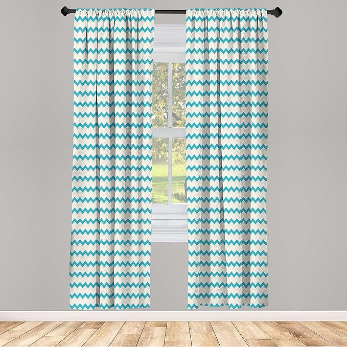 Ambesonne Teal Curtains, Horizontal Zigzag Lines Chevron Triangles Pattern Simple Classical Geometric Design, Window Treatments 2 Panel Set for Living Room Bedroom, Pair of - 28" x 84", Cream Teal