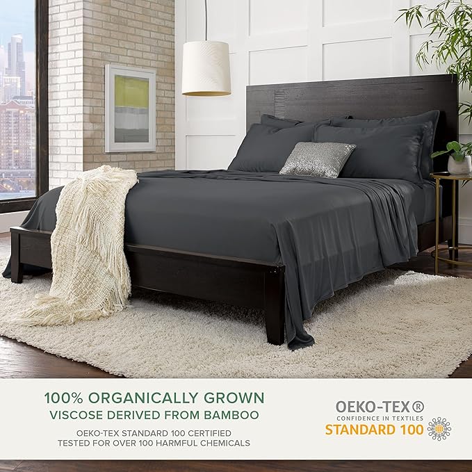 Queen Sheets by Pure Bamboo, Genuine 100% Organic Viscose Derived from Bamboo Bed Sheet Set, Luxuriously Soft & Cooling, Double Stitching, Lifetime Quality Promise (Queen, Charcoal)