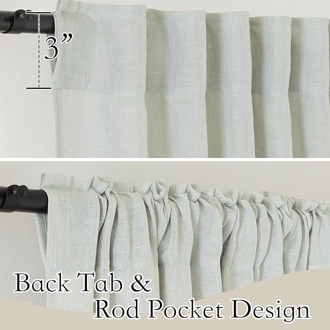 RYB HOME Linen Kitchen Curtains - Back Tab Natural Soft Texture Light Filtering Half Privacy Semi Sheer for Living Room Doorway Home Office, W 52 x L 36 inch, 2 Pcs, Sage Green