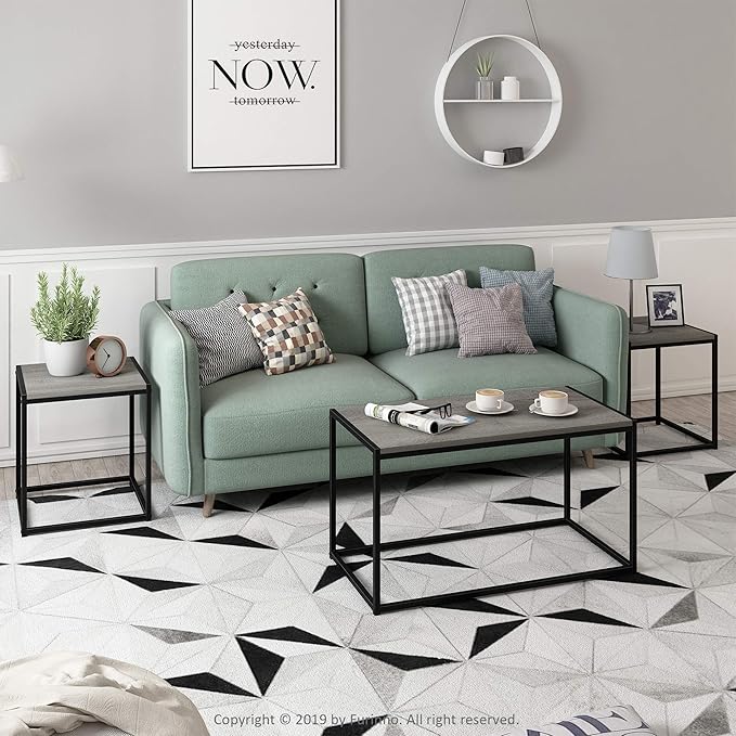 Furinno Camus Modern Living Room Coffee Table with 2 End Tables Set, French Oak Grey