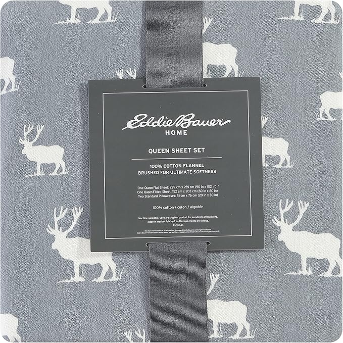 Eddie Bauer - Queen Sheets, Cotton Flannel Bedding Set, Brushed For Extra Softness, Cozy Home Decor (Elk Grove, Queen)