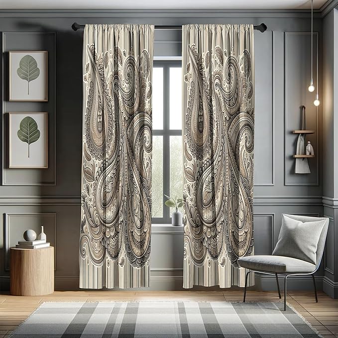 Ambesonne Paisley Window Curtains Pack of 2, Delicate Bohemian Leafy Motives on Stripes in Neutral Muted Colors, Lightweight Set with Rod Pocket, 4 Panels of - 28" x 63", Warm Taupe Ivory and Sepia