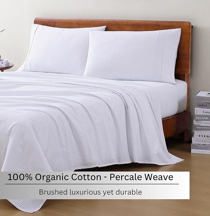 LANE LINEN 100% Organic Cotton Full Sheet Set, Low Pilling Fade Resistant Machine Washable Naturally Cooling Full Bed Sheets, Soft & Comfy Printed Cotton Bedding- Blue Ticking Stripe