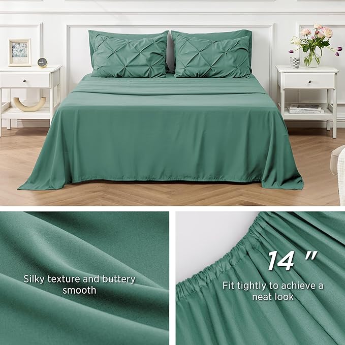 Bedsure Queen Comforter Set Baby Pea Green - Bed in a Bag Queen Size Bedding 7 Pieces, GentleSoft™ Pintuck Bed Set Gift for Family, Pinch Pleat All Season Comforter with Sheets, Pillowcases & Shams