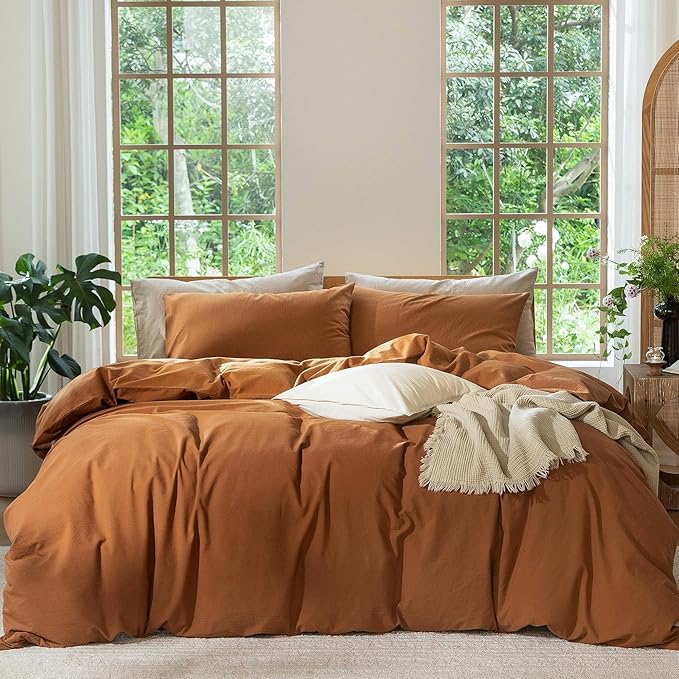 MooMee Bedding Duvet Cover Set 100% Washed Cotton Linen Like Textured Breathable Durable Soft Comfy (Solid Dark Orange, King 104"x90")