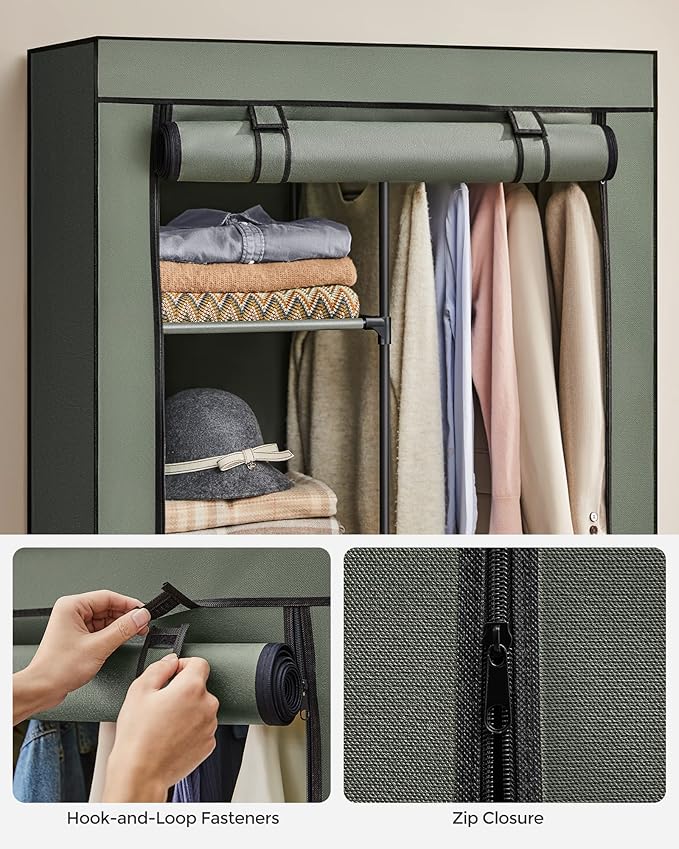 SONGMICS Portable Closet, 34.6 Inch Large Capacity Wardrobe Closet Organizer with Fabric Cover, Hanging Rods and Shelves, 34.6 x 17.7 x 66.1 Inches, for Bedroom, Living Room, Sage Green URYG084C02