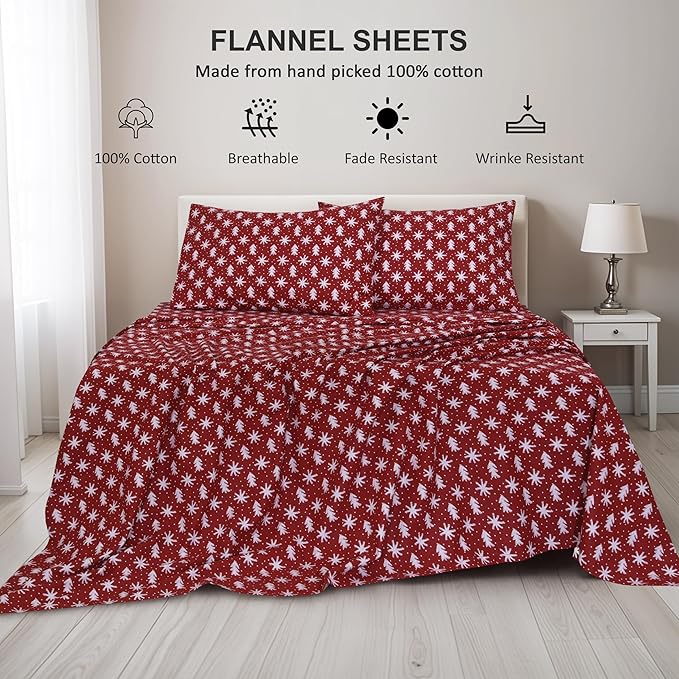RUVANTI Flannel Sheets King Size - 100% Cotton Brushed King Size Sheets Set - Deep Pockets 16 Inches Bed Sheets - All Seasons Breathable & Extra Soft - Warm & Cozy, 4 Piece, Red Christmas