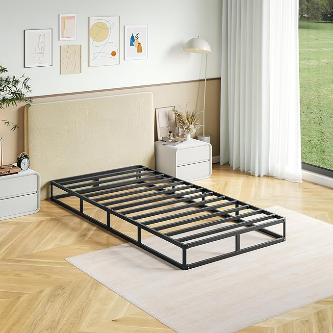 Box Spring Twin Size, 7 Inch Low Profile Metal Frame Mattress Foundation, 3000 lbs Heavy Duty Boxspring with Fabric Cover, Easy Assembly, Noise Free, Non-Slip