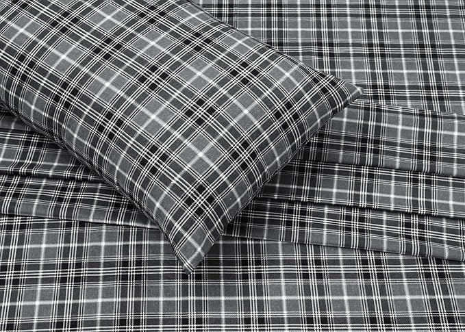 RUVANTI Flannel Sheets Queen Size - 100% Cotton Double Brushed Bed Sheets, Deep Pockets 16 Inches Queen Sheet Set, All Seasons Breathable & Extra Soft - Warm & Cozy, 4 Piece, Grey Plaid