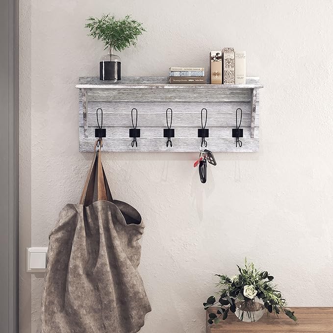 HBCY Creations Rustic Wall Mounted Coat Rack with Shelf - Solid Wood 24" Entryway Shelf with 5 Coat Hangers. Perfect Touch for Your Entryway, Mudroom, Kitchen, Bathroom and More, Whitewash