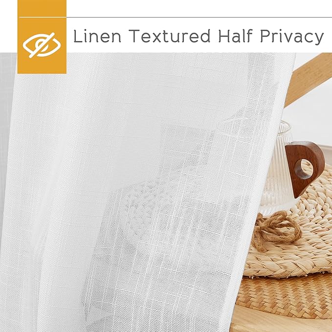 RYB HOME White Sheer Curtains Privacy Linen Textured Blend Half Translucent Window Treatment for Living Room Patio Sliding Door Bedroom, White W 70 x L 84 inch, 2 Pcs