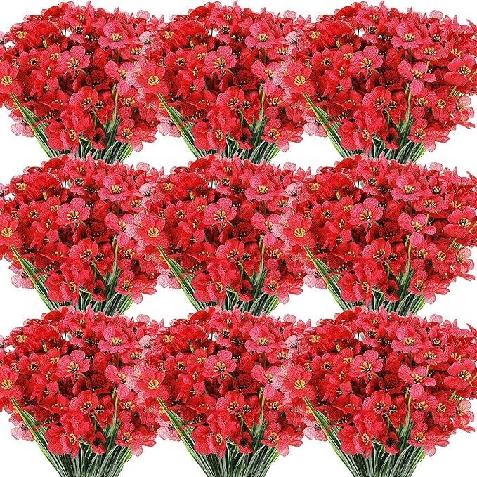 Lyrow 100 Bundles Violet Artificial Flowers, UV Resistant Faux Flowers Outdoor, Faux Silk Flowers, Fake Violet Flowers Bulk for Front Porch Hanging Garden Courtyard Farmhouse Home(Red)