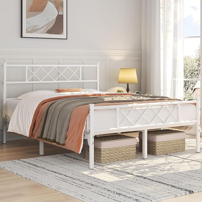 Yaheetech Queen Size Metal Platform Bed Frame with Simple Headboard and Footboard, Mattress Foundation for Under Bed Storage, Steel Slat Support, No Box Spring Needed, Easy Assembly, White