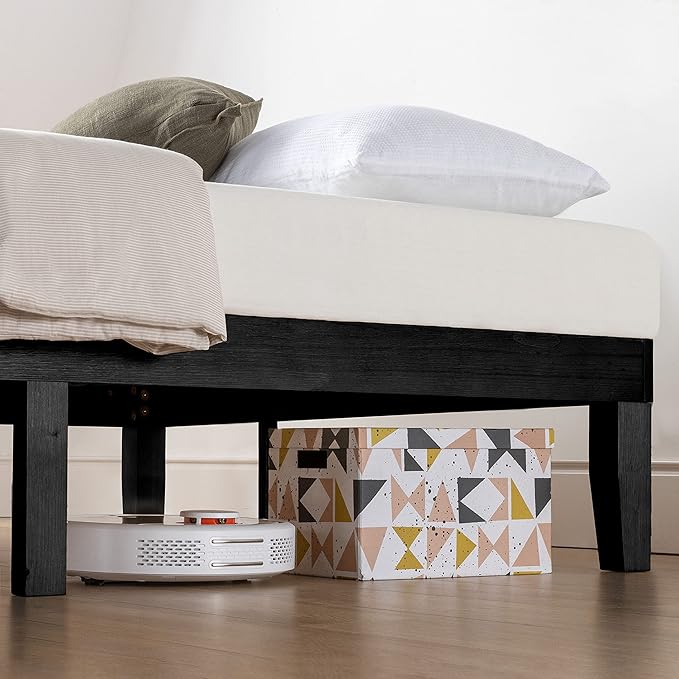Mellow Naturalista Classic 12 Inch Solid Wood Platform Bed with Wooden Slats, Cal King, Black