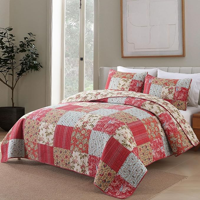 Secgo Queen Size Comforter Set- 100% Cotton Quilt Queen Size Set, Green, Sage bedspreads (90 * 96 Inch) with 2 Pillow Shams, Patchwork Reversible Lightweight Bedding