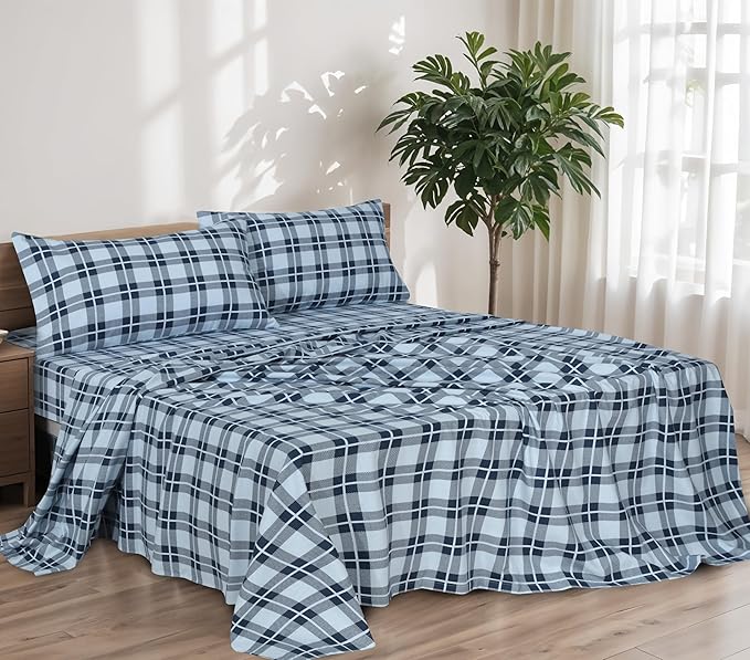 RUVANTI Flannel Sheets King Size - 100% Cotton Brushed King Size Sheets Set - Deep Pockets 16 Inches Bed Sheets - All Seasons Breathable & Extra Soft - Warm & Cozy, 4 Piece, Illusion Check