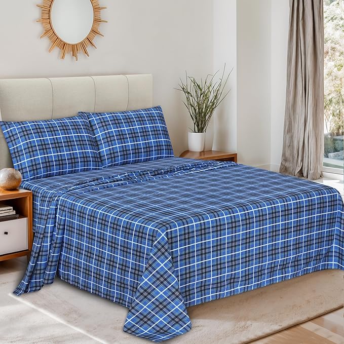 RUVANTI Flannel Sheets Full Size - 100% Cotton Double Brushed Bed Sheets Set, Deep Pockets 16 Inches, All Seasons Breathable & Extra Soft Full Sheets, Warm & Cozy, 4 Piece, Blue Plaid