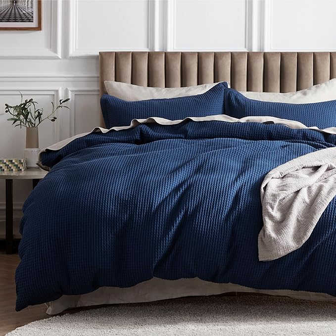 Bedsure Cotton Duvet Cover King - 100% Cotton Waffle Weave Navy Blue Duvet Cover King Size, GentleSoft™ and Breathable Bedding Set for All Season, 3 Pieces, 104"x90"