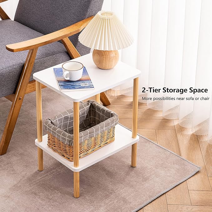 Apicizon 2 Tier End Table, Small Side Table with Solid Wood Legs, Boho Bedside Table with Storage Shelf, Nightstand for Small Spaces, Bedroom, Living Room, Entryway, Easy Assembly, White+Natural