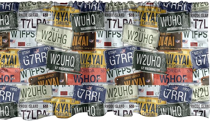 Ambesonne Vintage Window Valance, Original Retro Style License Plates Personalized Creative Travel Vacation, Curtain Valance for Kitchen Bedroom Decor with Rod Pocket, 42" x 12", Green Blue Yellow