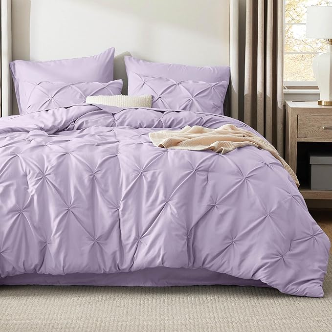 Bedsure King Size Comforter Set Light Purple - Bed in a Bag Bedding Set 7 Pieces, GentleSoft™ Pintuck Bed Set Gift for Family, Pinch Pleat Light Purple Comforter with Sheets, Pillowcases & Shams