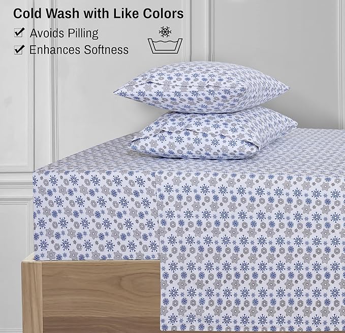 RUVANTI Flannel Sheets Queen Size - 100% Cotton Double Brushed Bed Sheets, Deep Pockets 16 Inches Queen Sheet Set, All Seasons Breathable & Extra Soft - Warm & Cozy, 4 Piece, Snow Flake Grey