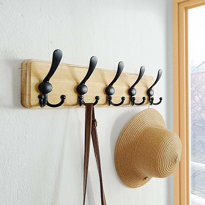 Dseap Coat Rack Wall Mount - Heavy-Duty Robust Rustic Wooden Wall Coat Hanger Hook Rail with 5 Triple Hooks for Winter Coats Hat Jacket Clothing, Light Brown & Black, Pack of 2