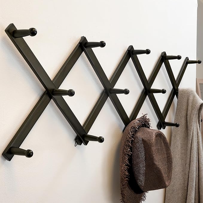 SKOLOO Hat Rack for Wall with 14 Hooks, Solid Wooden, Modern, Expandable Coat Rack Wall Mount for Coats, Hats, Bags, Baseball Caps, Dark Walnut Color