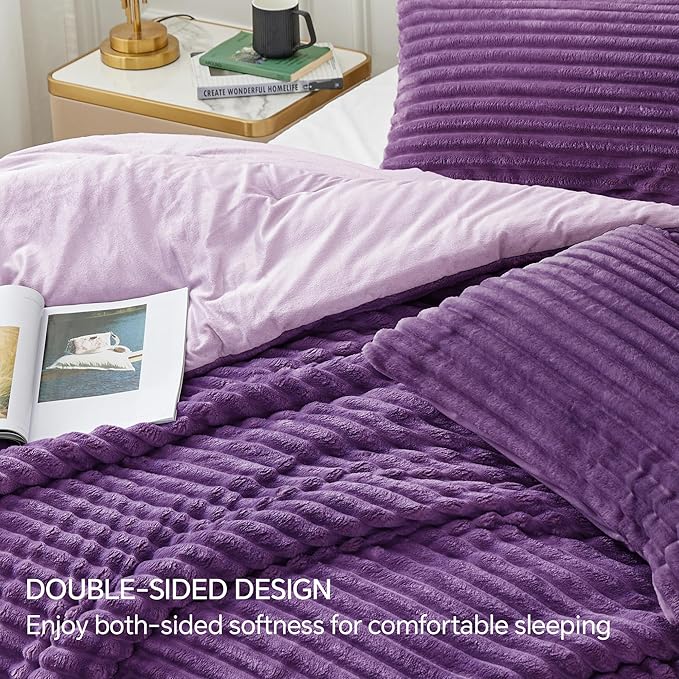 BEDELITE Fleece Queen Comforter Set -Super Soft & Warm Fluffy Purple Bedding, Luxury Fuzzy Heavy Bed Set for Winter with 2 Pillow Cases