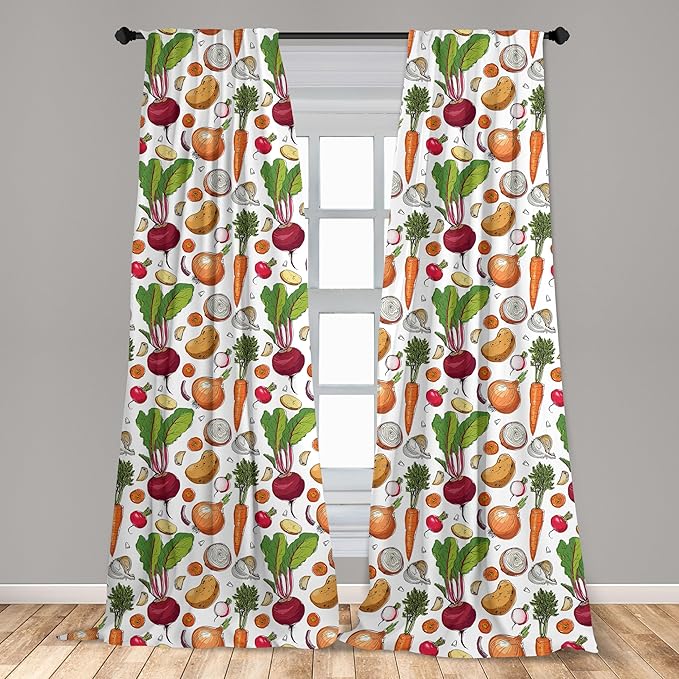 Ambesonne Vegetables 2 Panel Curtain Set, Continuous Pattern of Sketchy Painted Healthy Natural Tasty Food Illustration, Window Treatment Living Room Bedroom Decor, Pair of - 28" x 95", Green Orange