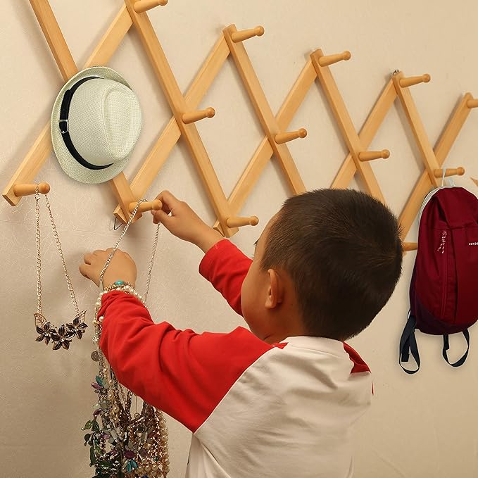 WEBI Accordion Wall Hanger,Expandable Wooden Hat Rack for Wall Mounted Coat Rack,Accordion Hat Hooks Holder for Baseball Caps,17 Peg,Natural,2 Packs