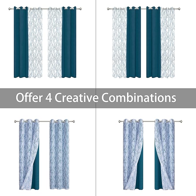 BONZER Mix and Match Curtains - 2 Pieces Branch Print Sheer Curtains and 2 Pieces Blackout Curtains for Bedroom Living Room Grommet Window Drapes, 37x84 Inch/Panel, Teal, Set of 4 Panels