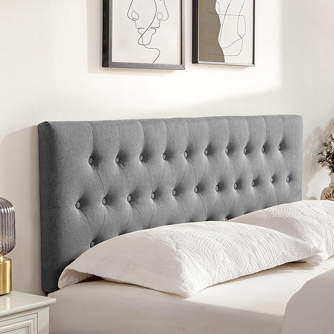Tufted Upholstered Headboard Full Size, Solid Wood Head Board with Durable Metal Legs, Adjustable Height Full XL headboard from 37” to 51” Fabric Headboard in Modern Button Design, Grey