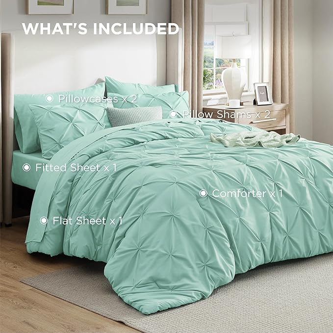 Bedsure Queen Comforter Set Mint Green - Bed in a Bag Queen Size Bedding 7 Pieces, GentleSoft™ Pintuck Bed Set Gift for Family, Pinch Pleat All Season Comforter with Sheets, Pillowcases & Shams