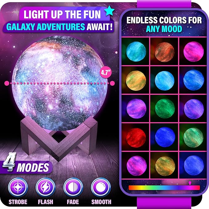 Mind-Glowing Galaxy Moon Lamp with Multi Colors, Touch/Remote, Wood Stand - Teen Girl Room Decor, Trendy Stuff - Christmas Gift for Any Year Old Teenage Girl - Cool Night Light for Kids (4.7 inch)