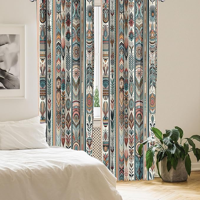 Ambesonne Ethnic Window Curtains Pack of 2, Folkloric Style Floral Ornaments with Bohemian Oriental Motifs as Stripes, Lightweight Set with Rod Pocket, 4 Panels of - 28" x 95", Teal Coral and Orange