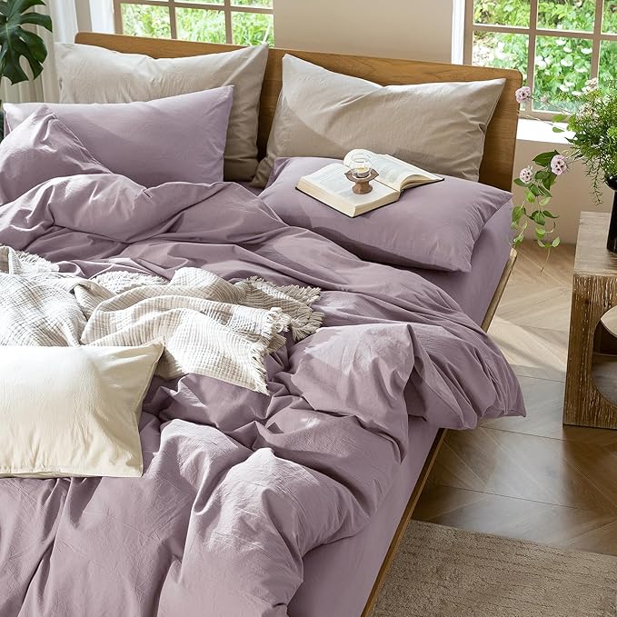 MooMee Bedding Duvet Cover Set 100% Washed Cotton Linen Like Textured Breathable Durable Soft Comfy (Solid Taro Purple, Alaska King 132"x120")